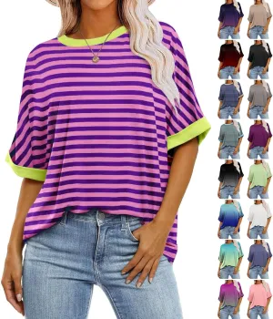 slqdgmryz Half Sleeve Tops for Women Crew Neck Oversized Striped Shirt Casual Cute Elbow Length Tee Shirts Dressy Blouses