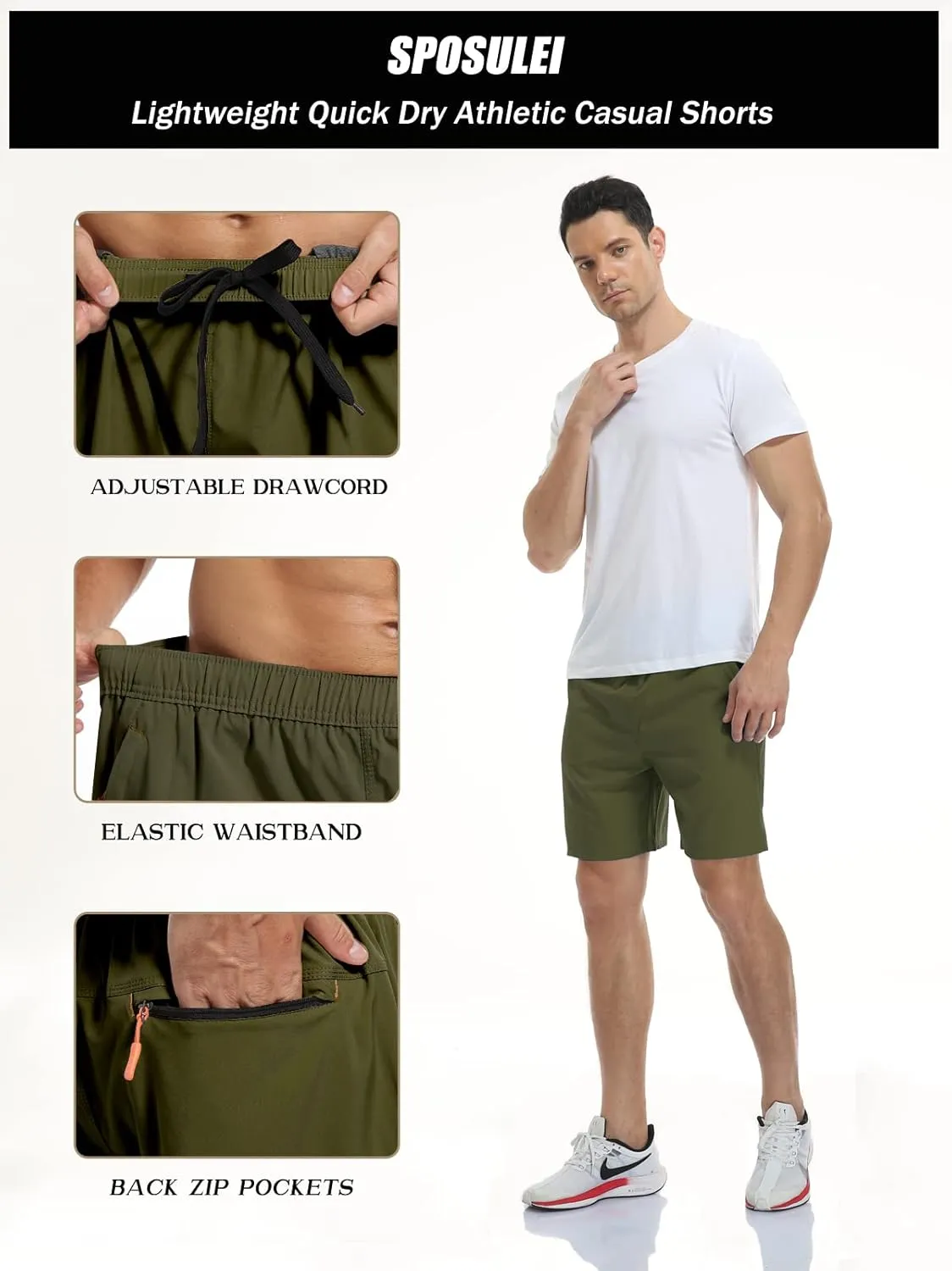 SPOSULEI Men's Athletic Hiking Shorts Water Resistant Quick-Dry Lightweight Outdoor Sweat Shorts with Zipper Pockets