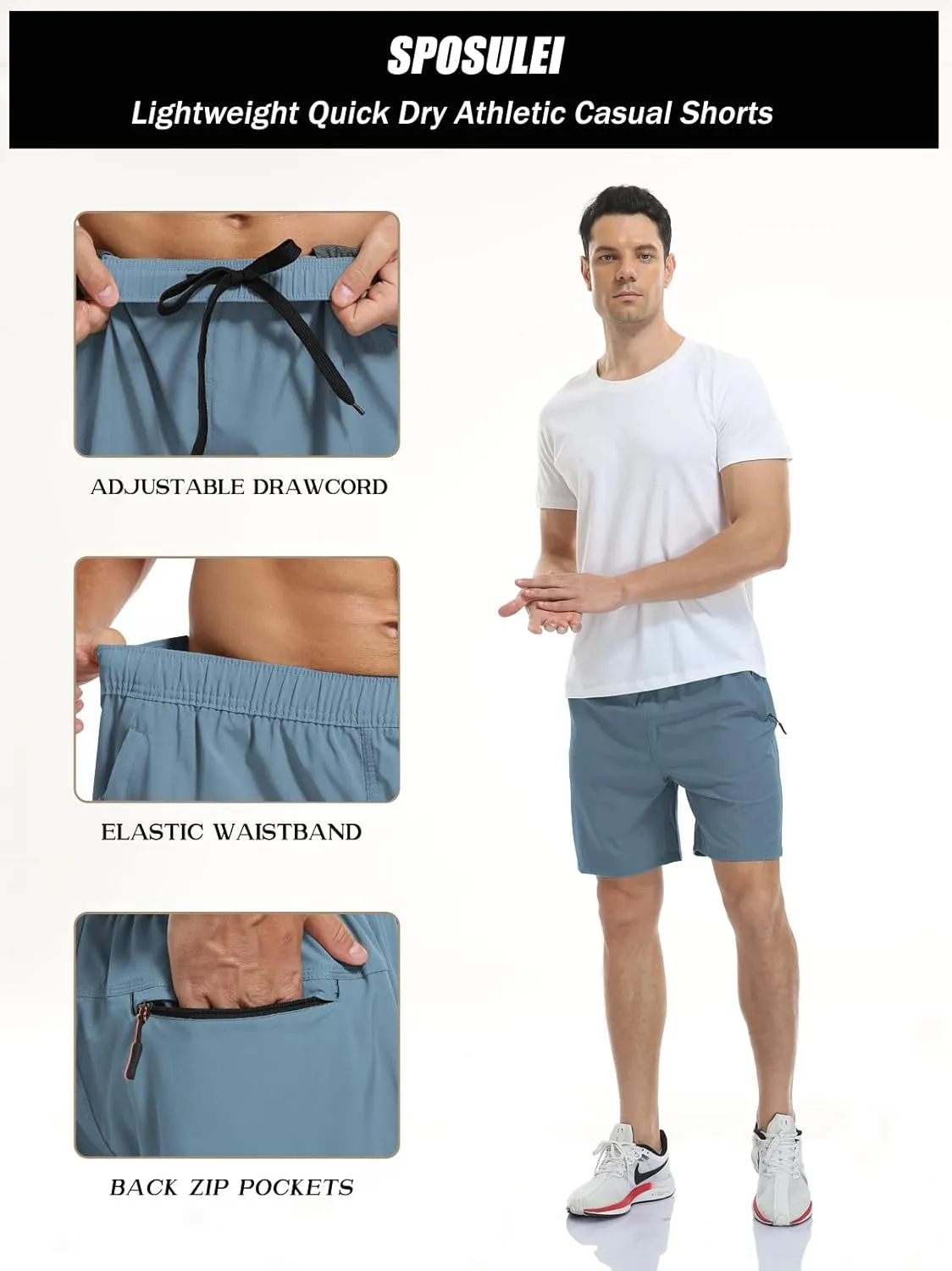 SPOSULEI Men's Athletic Hiking Shorts Water Resistant Quick-Dry Lightweight Outdoor Sweat Shorts with Zipper Pockets