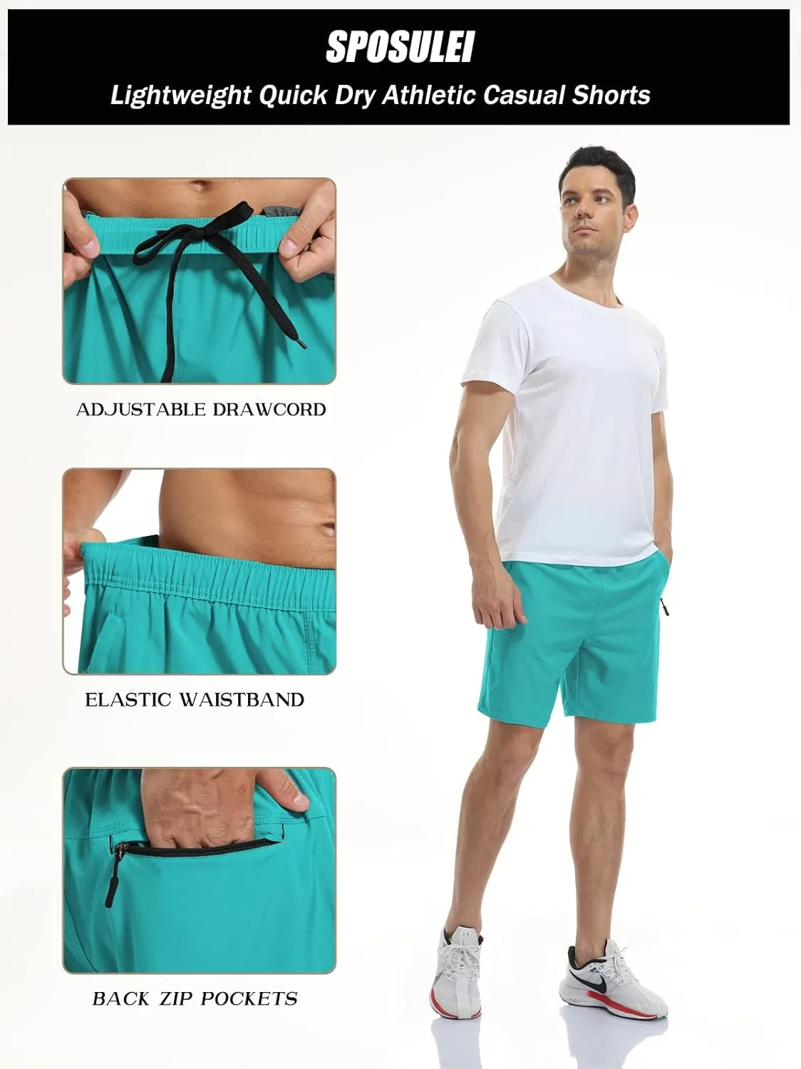 SPOSULEI Men's Athletic Hiking Shorts Water Resistant Quick-Dry Lightweight Outdoor Sweat Shorts with Zipper Pockets