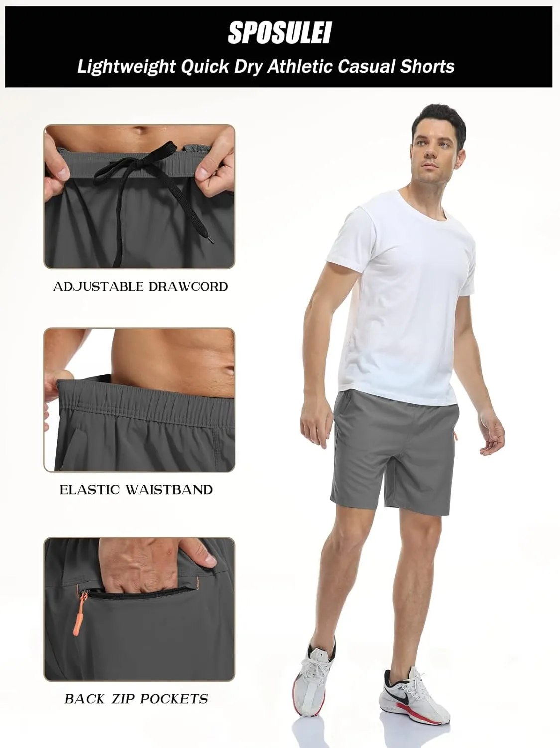SPOSULEI Men's Athletic Hiking Shorts Water Resistant Quick-Dry Lightweight Outdoor Sweat Shorts with Zipper Pockets