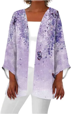 Spring Cardigans for Women 2025 Floral Printed Casual Loose Cardigans 3/4 Sleeve Hide Belly Open Front Cardigan