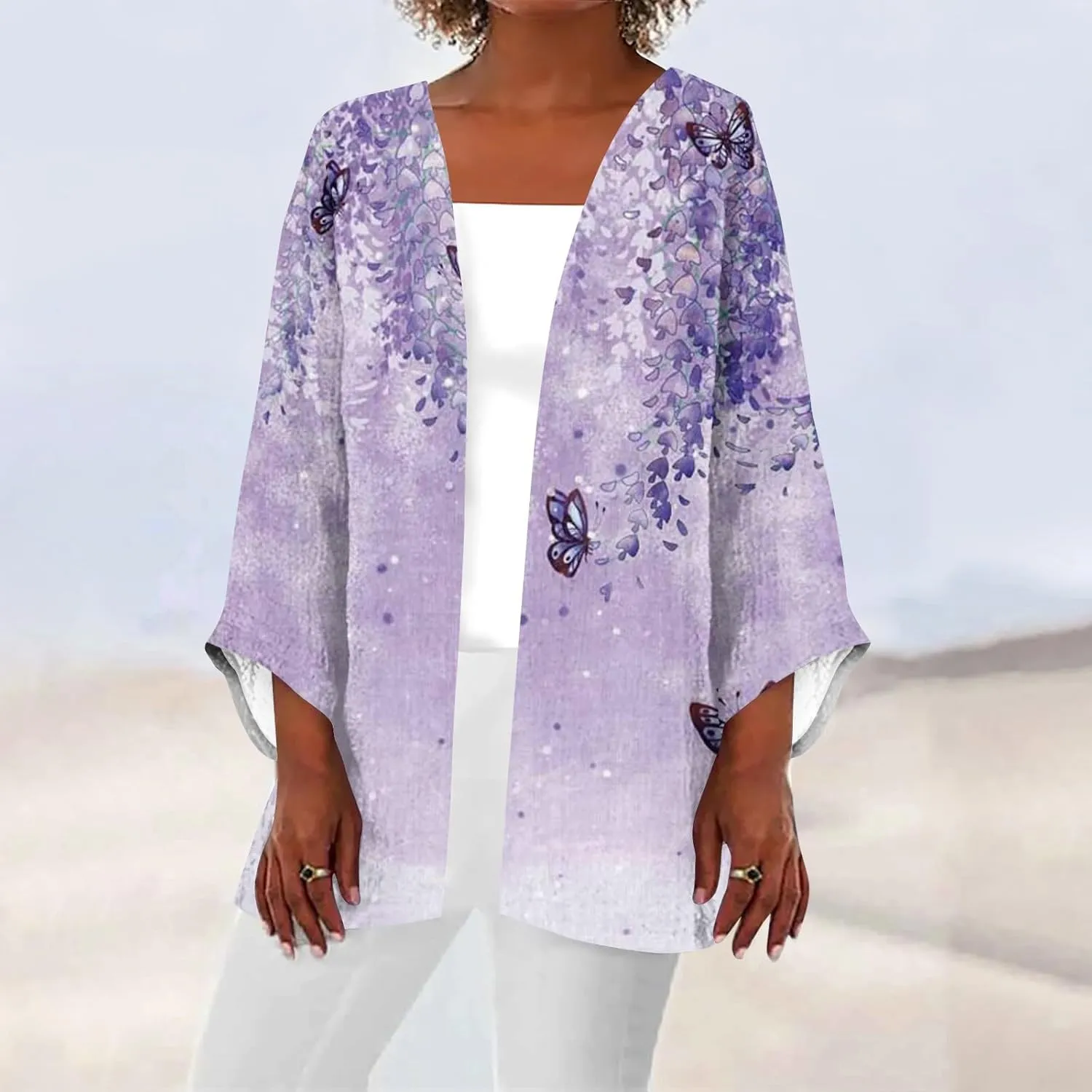 Spring Cardigans for Women 2025 Floral Printed Casual Loose Cardigans 3/4 Sleeve Hide Belly Open Front Cardigan