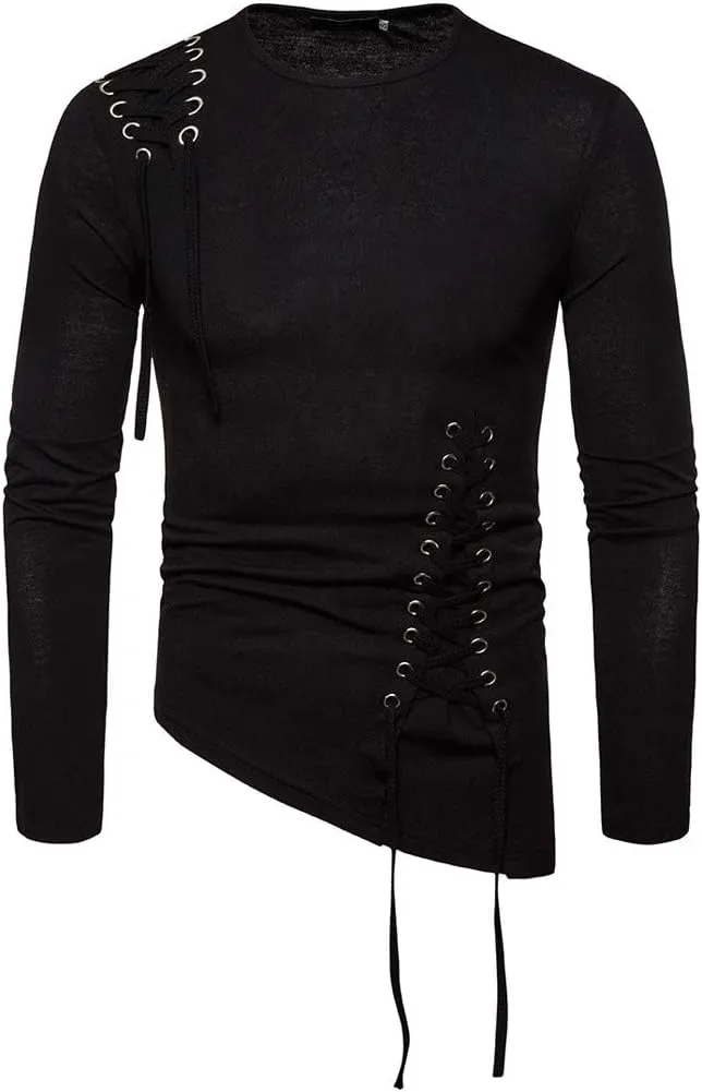 Stylish Asymmetrical Lace Up T-Shirts for Men Slim Fit Designer Irregular Crew Neck Long Sleeve Top Retro Gothic Cosplay Tees