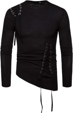 Stylish Asymmetrical Lace Up T-Shirts for Men Slim Fit Designer Irregular Crew Neck Long Sleeve Top Retro Gothic Cosplay Tees