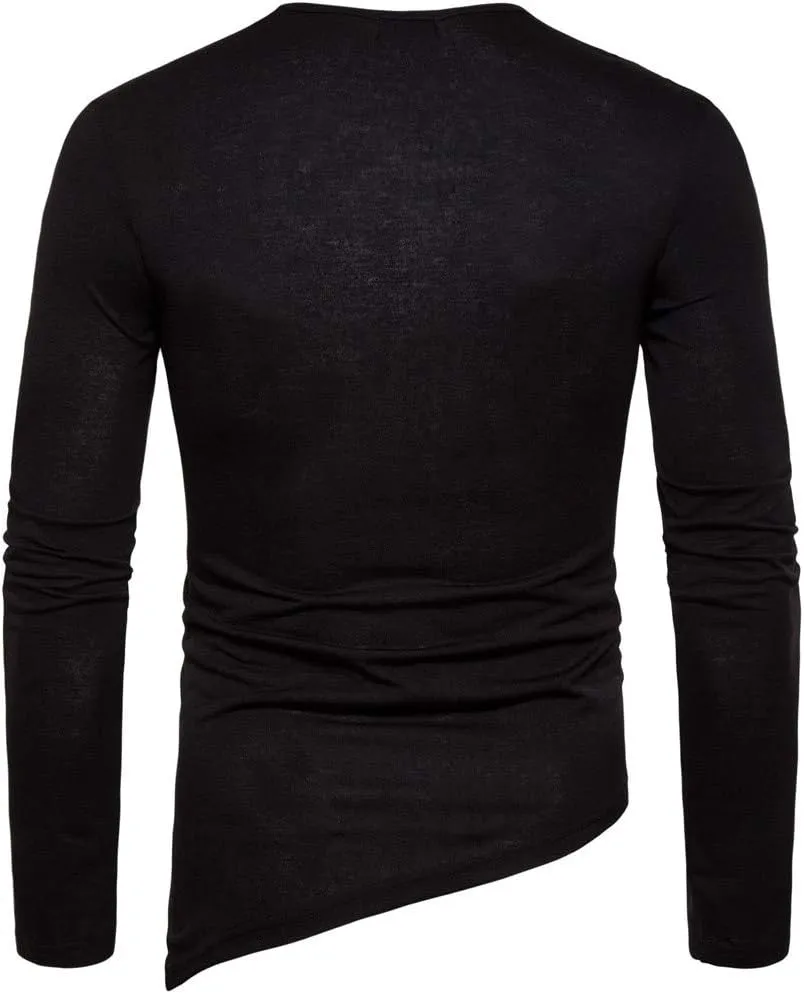 Stylish Asymmetrical Lace Up T-Shirts for Men Slim Fit Designer Irregular Crew Neck Long Sleeve Top Retro Gothic Cosplay Tees