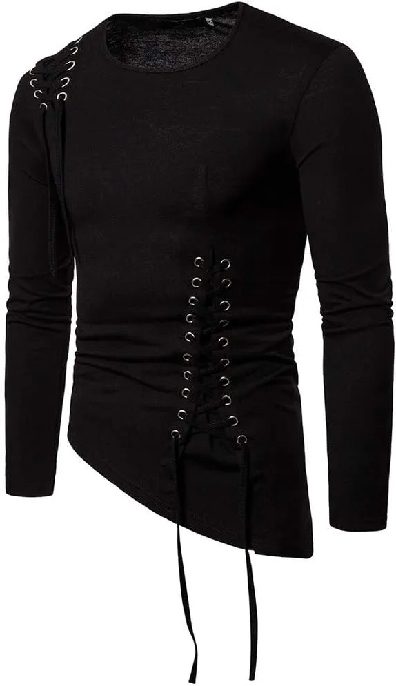 Stylish Asymmetrical Lace Up T-Shirts for Men Slim Fit Designer Irregular Crew Neck Long Sleeve Top Retro Gothic Cosplay Tees