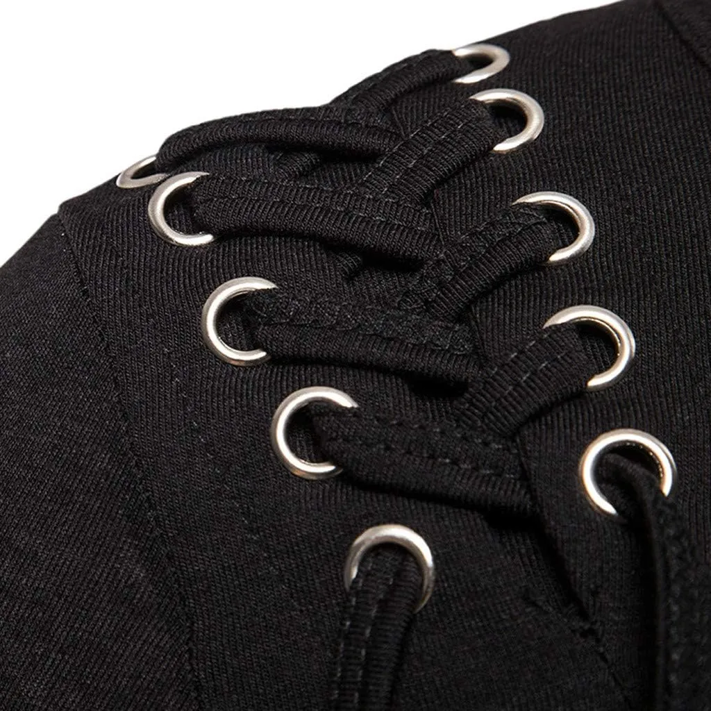 Stylish Asymmetrical Lace Up T-Shirts for Men Slim Fit Designer Irregular Crew Neck Long Sleeve Top Retro Gothic Cosplay Tees