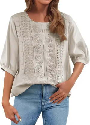 Summer Linen Shirts for Womens Cotton Linen Shirt Casual Short Sleeve Solid Crew Neck Tops Loose Fit Beach Blouses