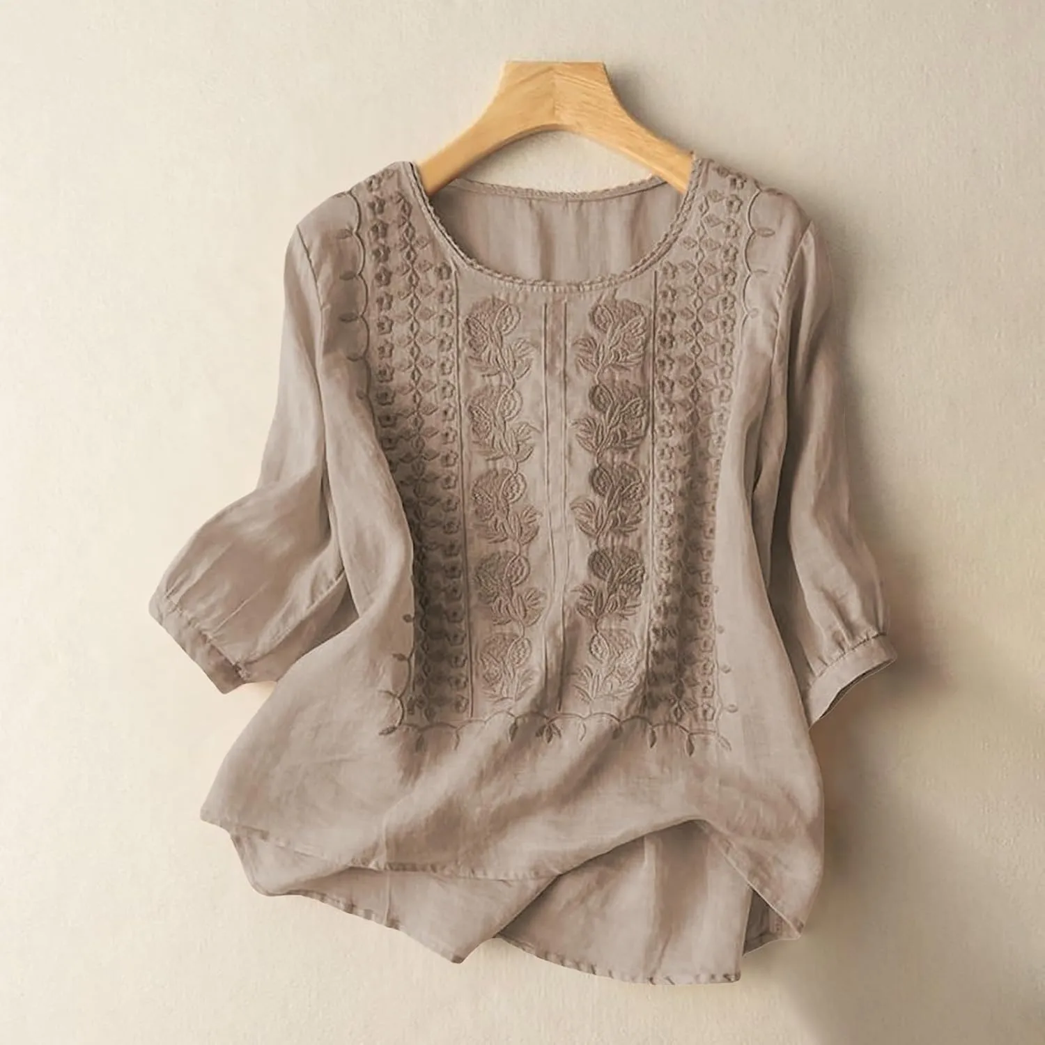 Summer Linen Shirts for Womens Cotton Linen Shirt Casual Short Sleeve Solid Crew Neck Tops Loose Fit Beach Blouses