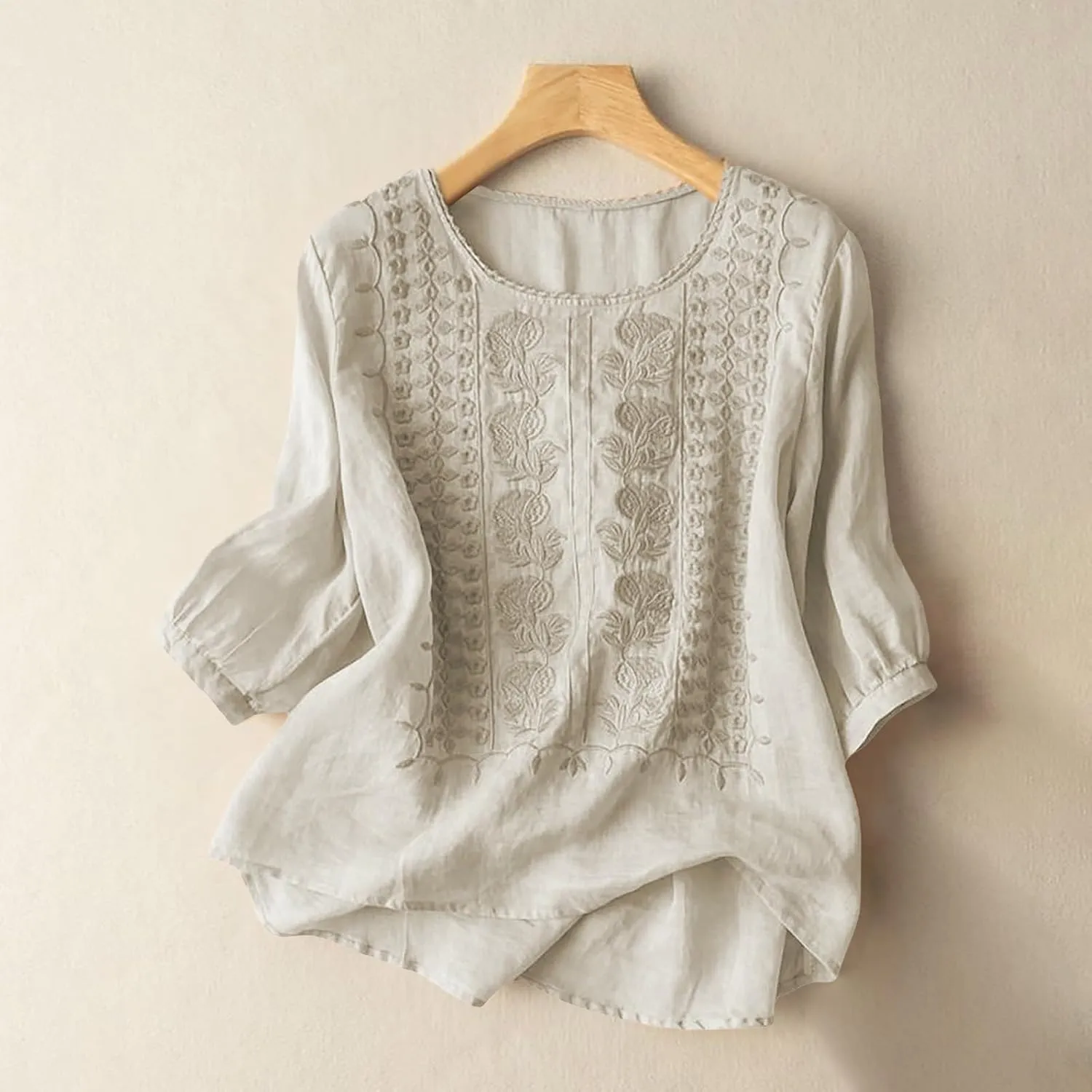 Summer Linen Shirts for Womens Cotton Linen Shirt Casual Short Sleeve Solid Crew Neck Tops Loose Fit Beach Blouses