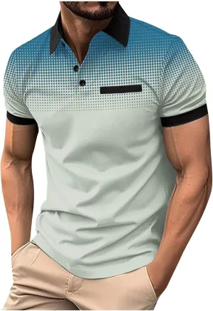 Summer Shirt for Men Casual Loose Fit V-Neck Gradient Color T Shirt Formal Button Up Short Sleeve Tees Loose Pullover