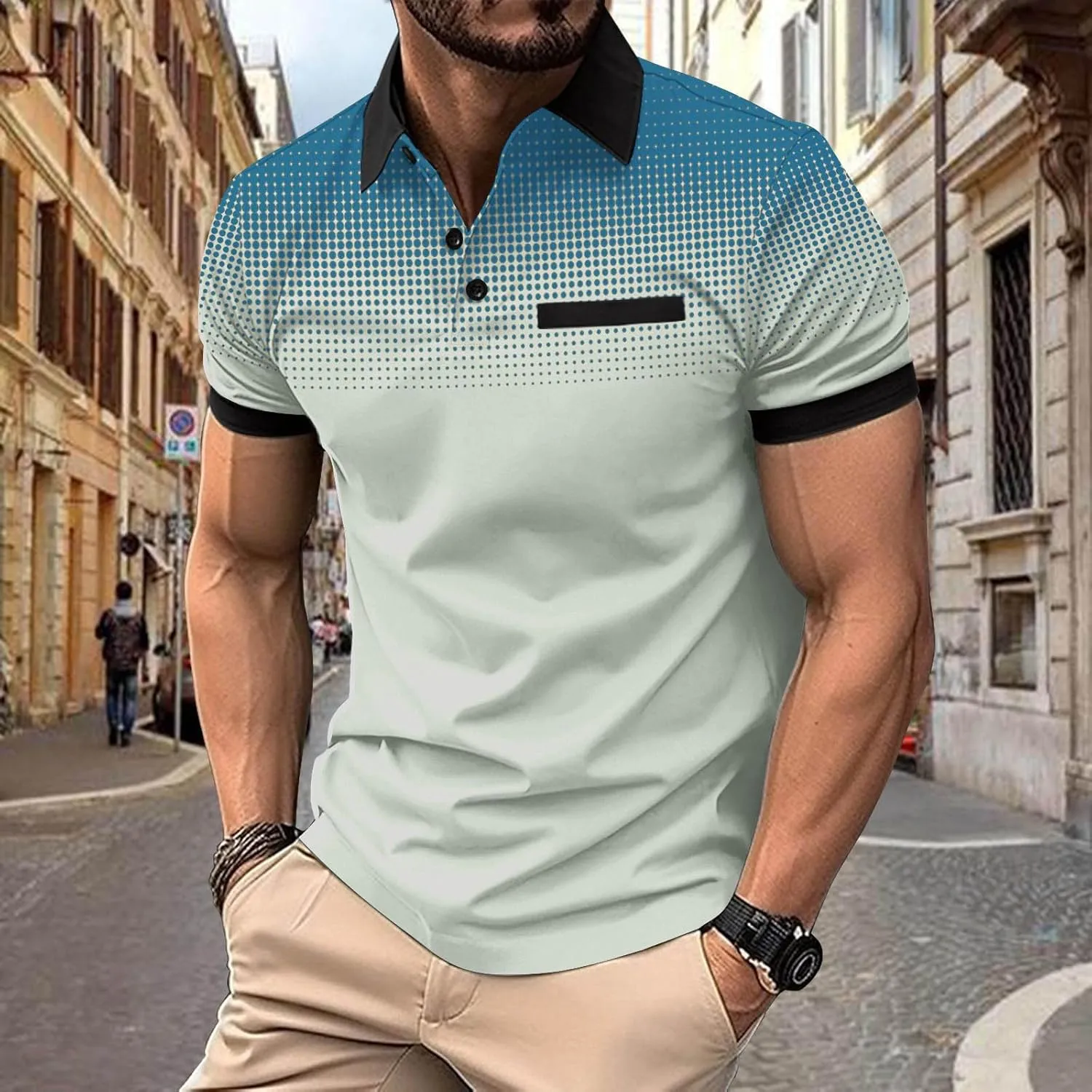 Summer Shirt for Men Casual Loose Fit V-Neck Gradient Color T Shirt Formal Button Up Short Sleeve Tees Loose Pullover