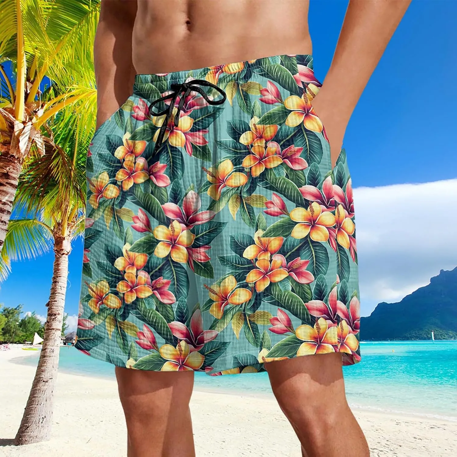 Summer Shorts for Mens Travel Holiday Hawaii Beach Retro Pants Fashion Print Elastic Wasit Loose Fit Pants Plus Size