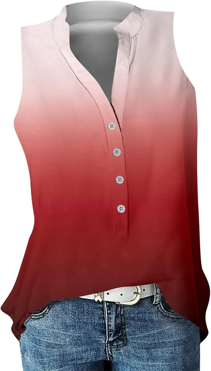 Summer Tank Tops for Women Plus Size Vneck Sleeveless T-Shirts Gradient Button Down Casual Office Tees Tunics