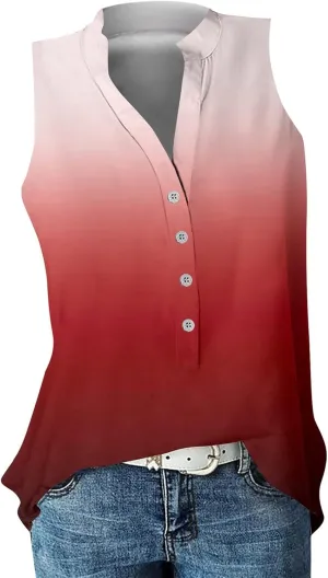 Summer Tank Tops for Women Plus Size Vneck Sleeveless T-Shirts Gradient Button Down Casual Office Tees Tunics