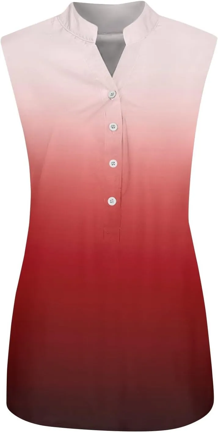 Summer Tank Tops for Women Plus Size Vneck Sleeveless T-Shirts Gradient Button Down Casual Office Tees Tunics
