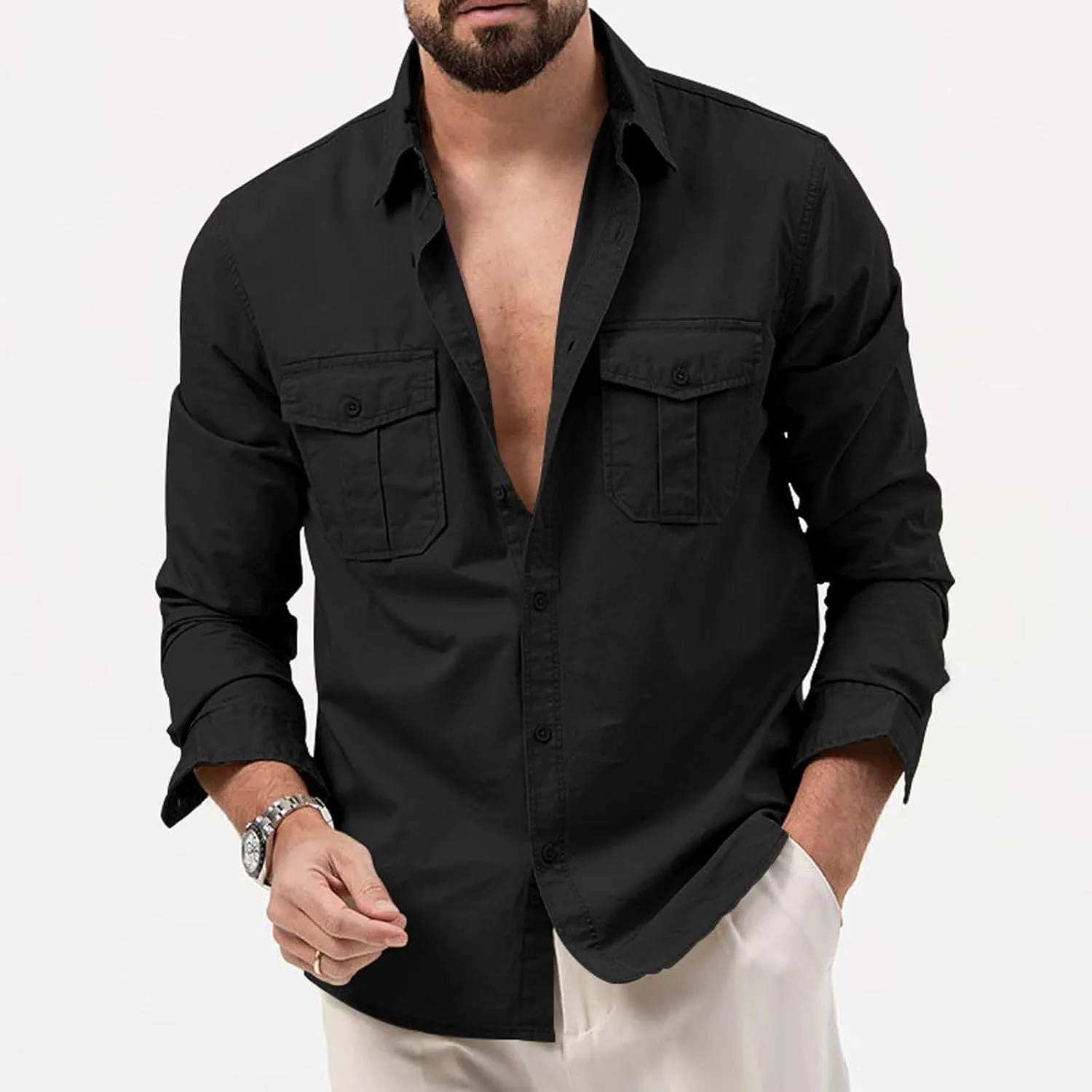 Tactical Shirts for Men Long Sleeve Cargo Work Shirt Casual Button Down Summer Beach Plain Collared Tshirts with Pockets