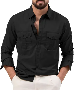 Tactical Shirts for Men Long Sleeve Cargo Work Shirt Casual Button Down Summer Beach Plain Collared Tshirts with Pockets