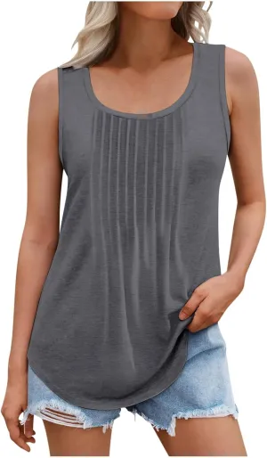Tank Tops for Women 2025 Plus Size Summer Tops Trendy Sleeveless Scoop Neck Pleated Casual Loose Fit T Shirts
