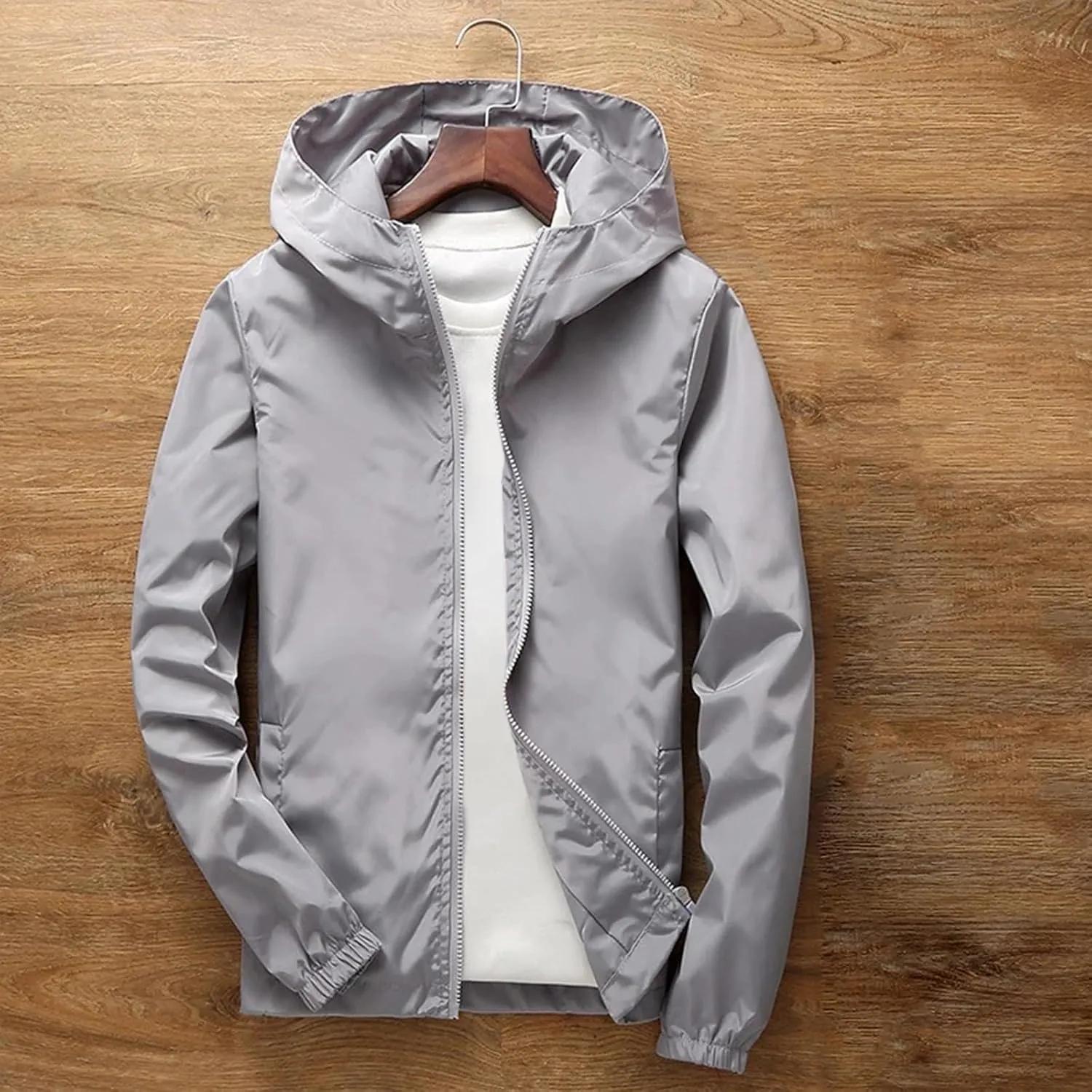 Thin Hooded Jacket for Mens Soft Shell Windproof Waterproof Hiking Coats Zipper Long Sleeve Casual Outwear Plus Size
