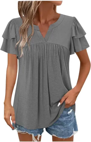 Tunic Tops for Women Ruffle Sleeve Shirts Loose Fit Casual V Neck Short Sleeve Summer Pleated T-Shirts Dressy Blouses