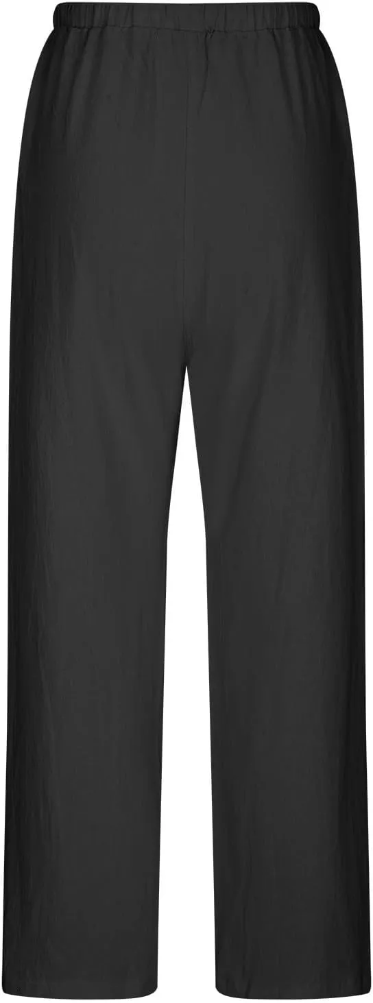 Uillui Baggy Pants Women Mid Waist Straight Wide Leg Trousers Summer Casual Cotton Linen Bootleg Pants Comfortable Work Pant