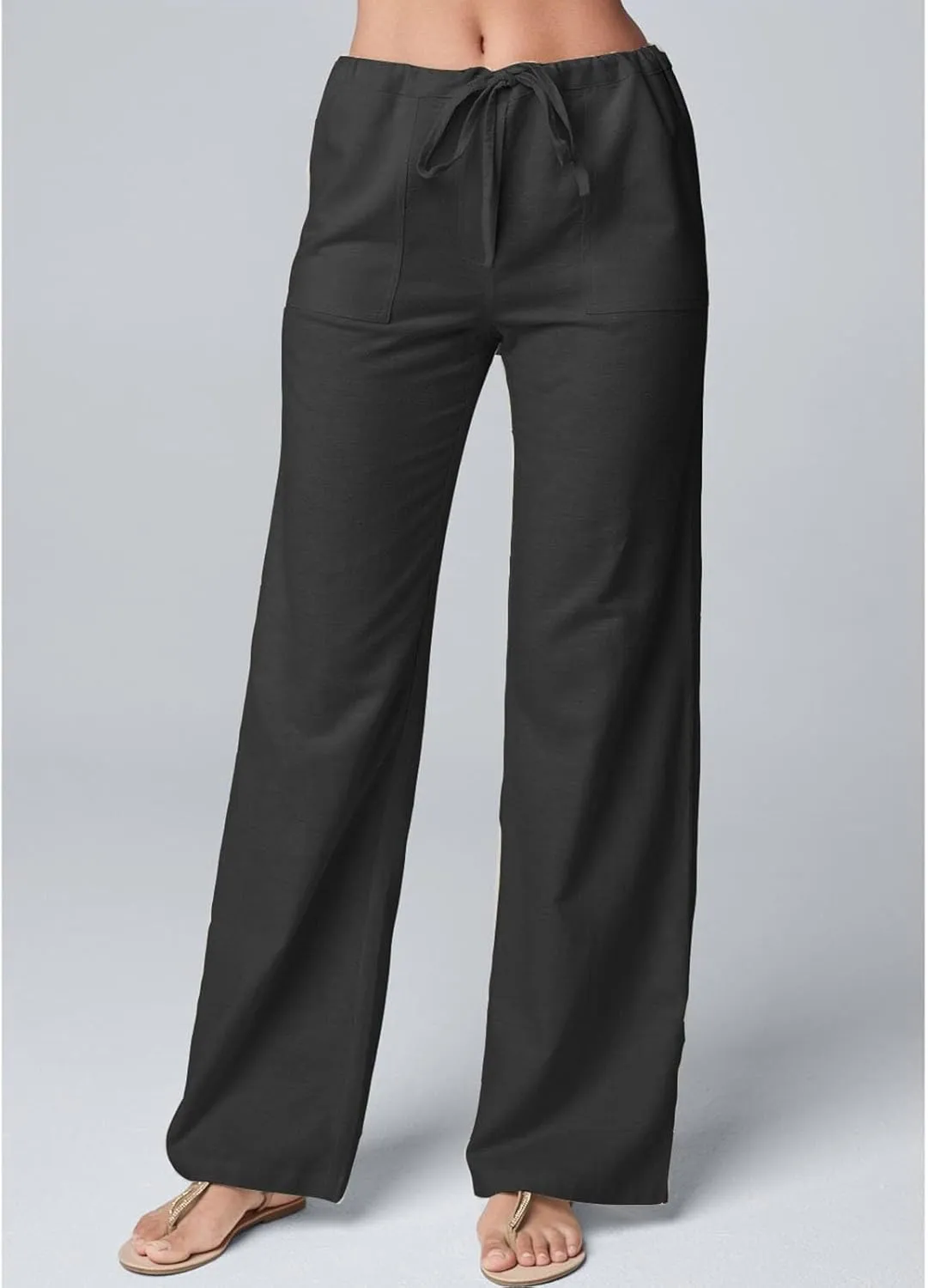 Uillui Baggy Pants Women Mid Waist Straight Wide Leg Trousers Summer Casual Cotton Linen Bootleg Pants Comfortable Work Pant