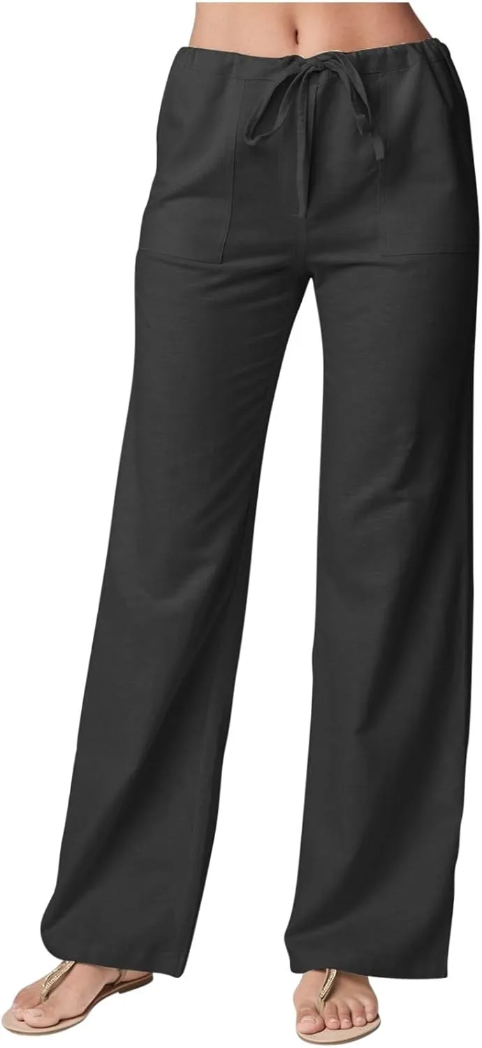 Uillui Baggy Pants Women Mid Waist Straight Wide Leg Trousers Summer Casual Cotton Linen Bootleg Pants Comfortable Work Pant