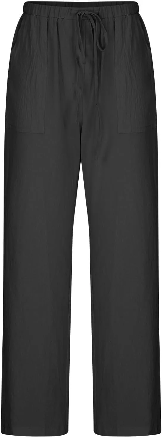 Uillui Baggy Pants Women Mid Waist Straight Wide Leg Trousers Summer Casual Cotton Linen Bootleg Pants Comfortable Work Pant