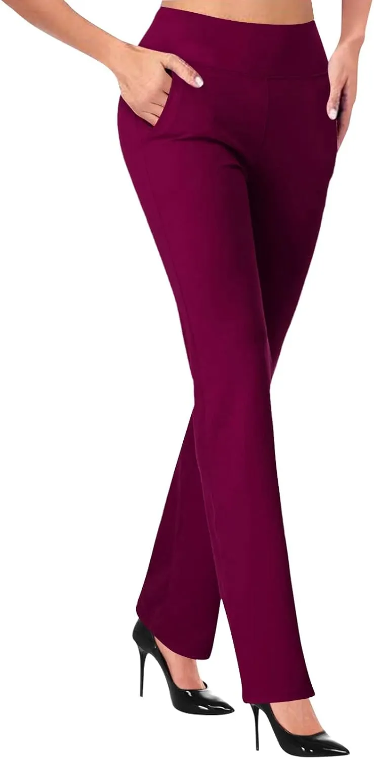 Uillui Business Casual Pants for Women High Waisted Tummy Control Bootleg Pants Slim Pocket Straight Trousers OL Suit Pants