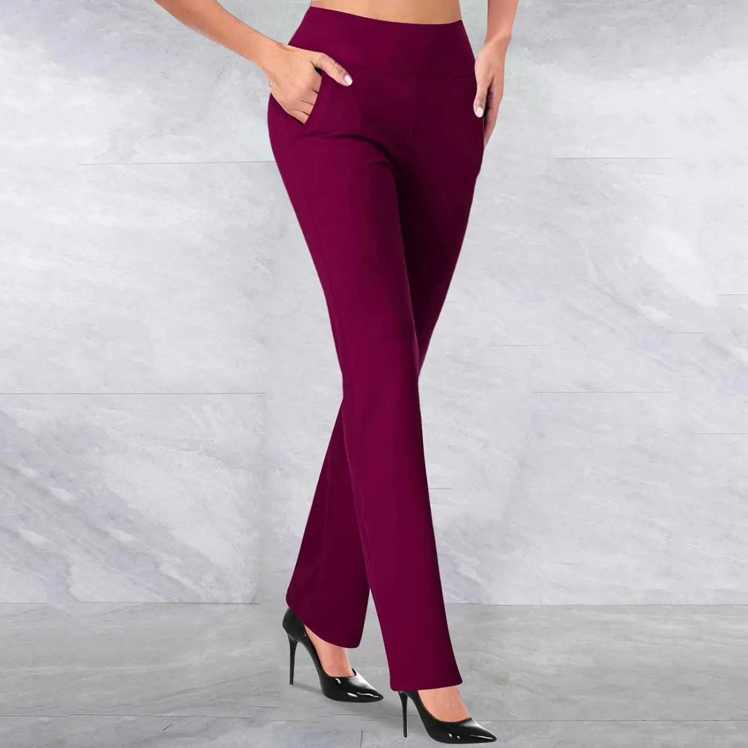 Uillui Business Casual Pants for Women High Waisted Tummy Control Bootleg Pants Slim Pocket Straight Trousers OL Suit Pants
