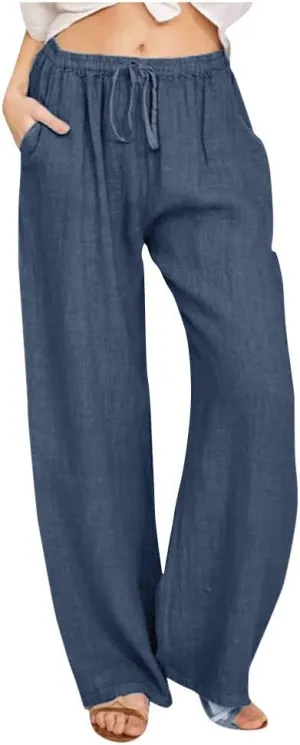 Uillui Ladies Low Waisted Flowy Flare Trousers Athletic Gym Fitness Yoga Straight Leg Pants Cotton Linen Work Wide Leg Pants