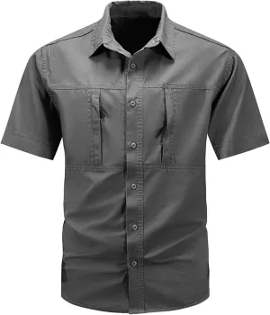 Uillui Men's Big and Tall Work Shirts Short Sleeve Tactical Shirts Loose Fit Button Breathable Outdoor Hiking Fishing Shirts