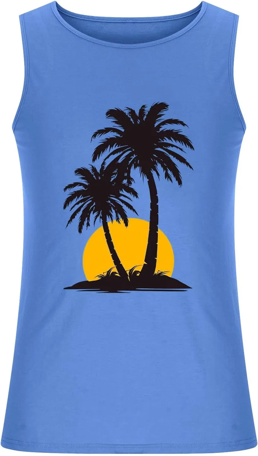 Uillui Men's Graphic T-Shirts Palm Tree Beach Tank Tops Cotton Workout Gym Muscle Shirts Summer Casual Sleeveless Tee Shirts