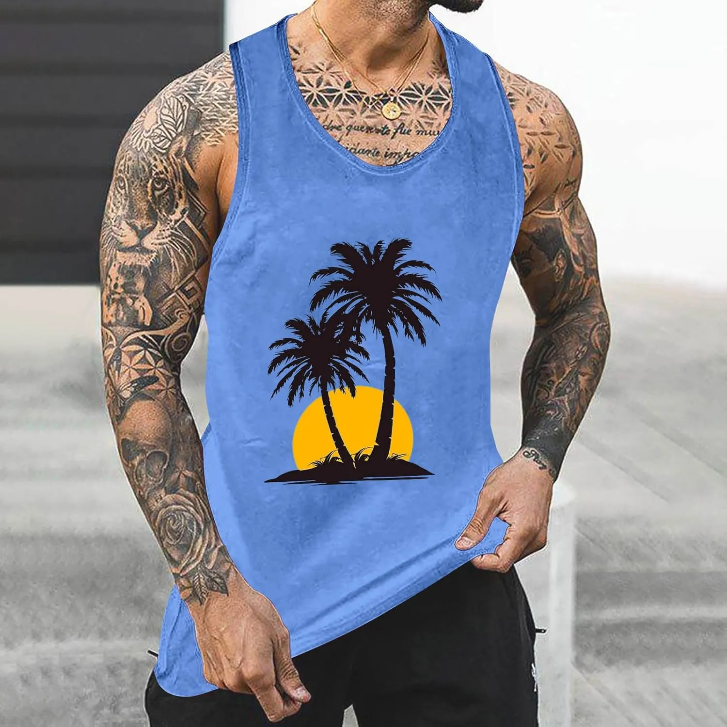 Uillui Men's Graphic T-Shirts Palm Tree Beach Tank Tops Cotton Workout Gym Muscle Shirts Summer Casual Sleeveless Tee Shirts