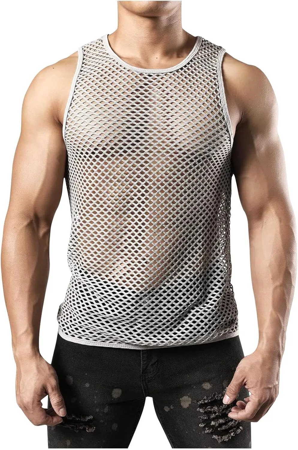 Uillui Men's Mesh Fishnet Muscle Shirts See Through Mesh Party Vest Tops Workout Muscle Tank Fitted Crew Neck Base Layer Tee