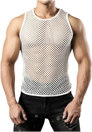 Uillui Men's Mesh Fishnet Muscle Shirts See Through Mesh Party Vest Tops Workout Muscle Tank Fitted Crew Neck Base Layer Tee