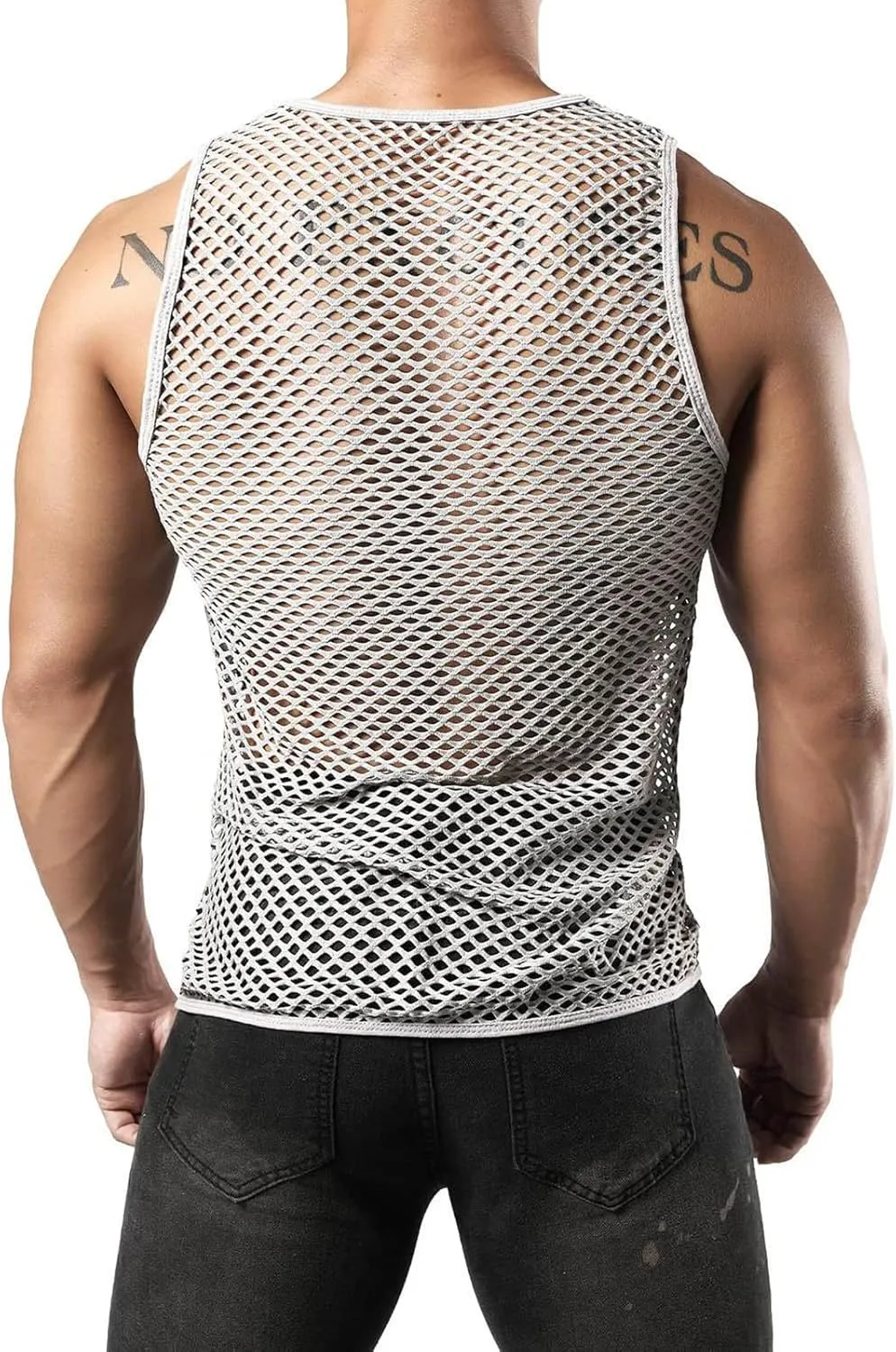 Uillui Men's Mesh Fishnet Muscle Shirts See Through Mesh Party Vest Tops Workout Muscle Tank Fitted Crew Neck Base Layer Tee