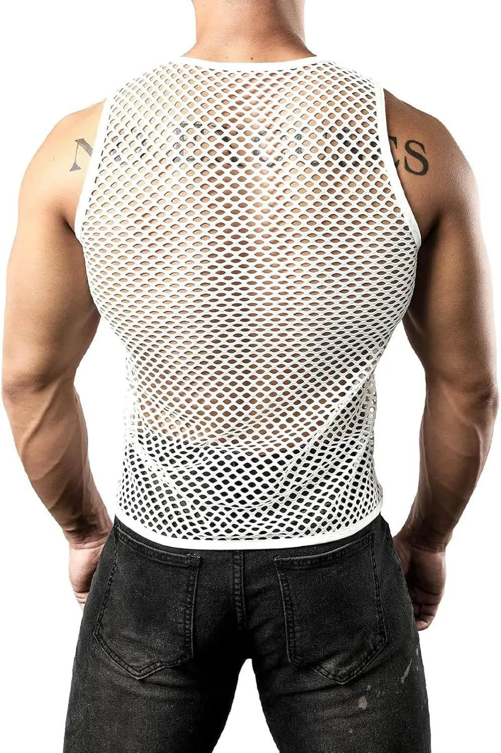 Uillui Men's Mesh Fishnet Muscle Shirts See Through Mesh Party Vest Tops Workout Muscle Tank Fitted Crew Neck Base Layer Tee
