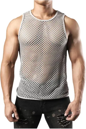 Uillui Men's Mesh Fishnet Muscle Shirts See Through Mesh Party Vest Tops Workout Muscle Tank Fitted Crew Neck Base Layer Tee