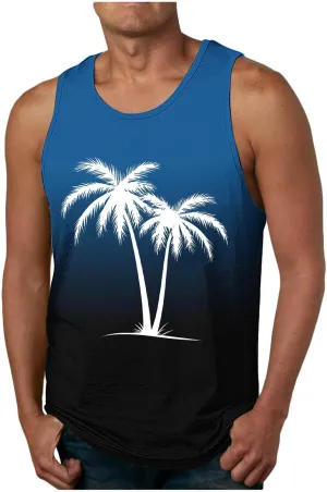 Uillui Mens Tank Tops Summer Beach Vacation Sleeveless Shirts Casual Palm Graphic Muscle Gym Workout Tee Tank Tops Loose Fit
