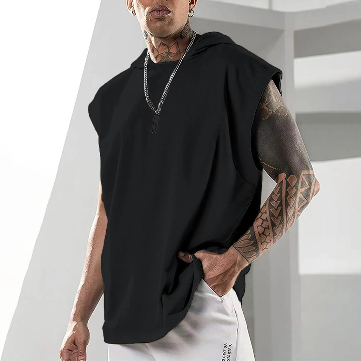 Uillui Mens Workout Tank Tops with Hood Bodybuilding Muscle Cut T-Shirts Fitness Training Tee Sleeveless Athletic Gym Hoodie