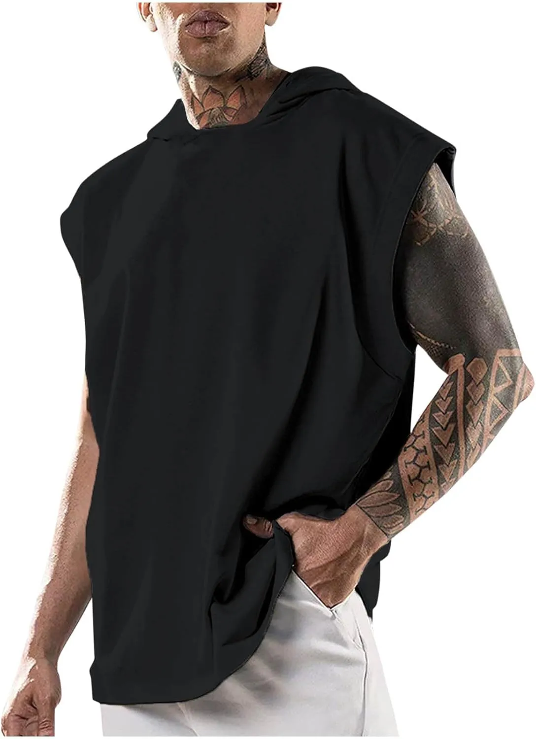 Uillui Mens Workout Tank Tops with Hood Bodybuilding Muscle Cut T-Shirts Fitness Training Tee Sleeveless Athletic Gym Hoodie