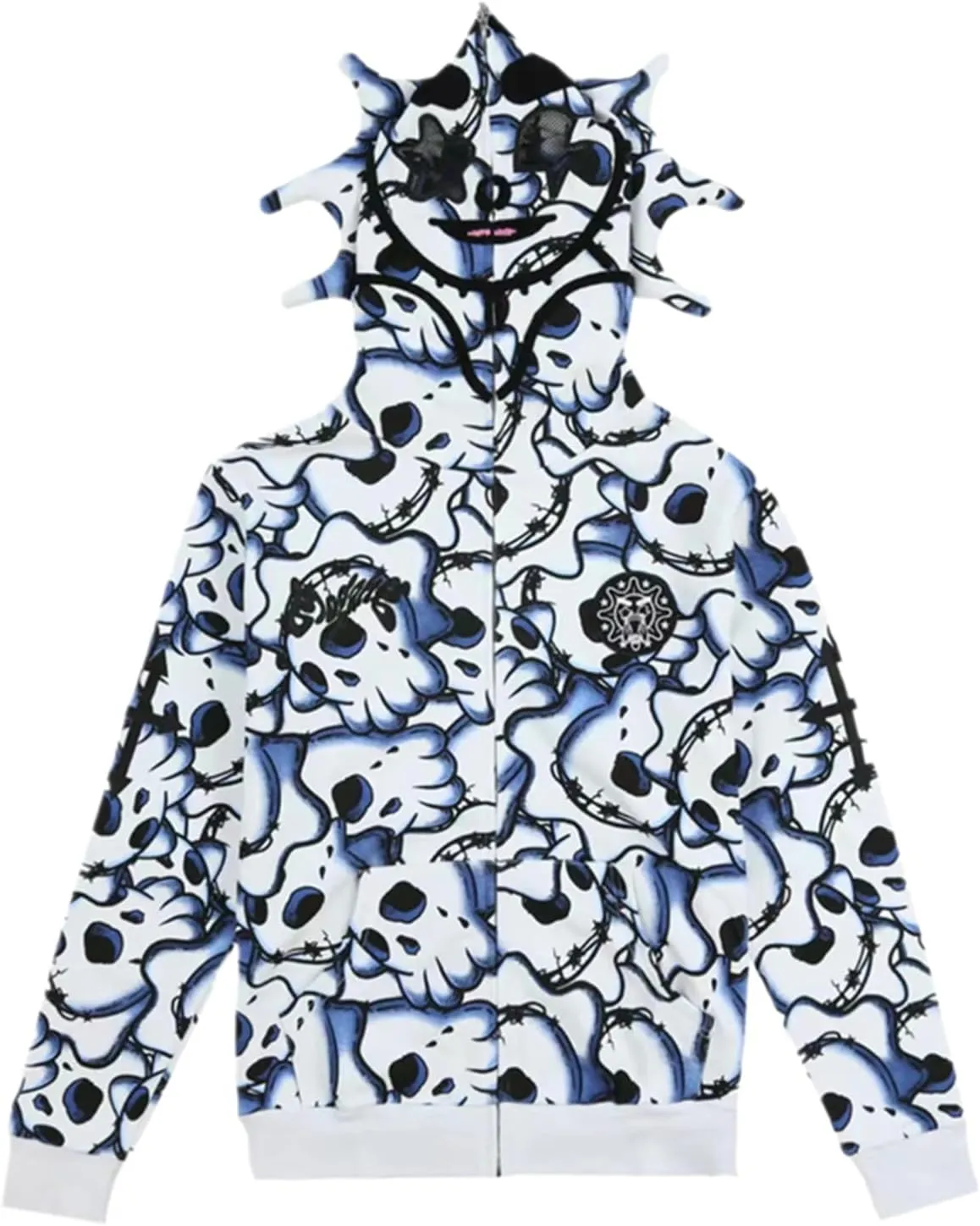 Unisex Full Zip Up Hoodies Goth Over Face Vintage Harajuku Retro Style Streetwear Jacket