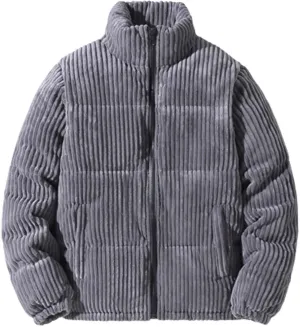 Verlas Mens Quilted Bubble Puffer Corduroy Jacket Mock Neck Zip Up Long Sleeve Winter Bomber Coat Fall Ribbed Tops Outerwear
