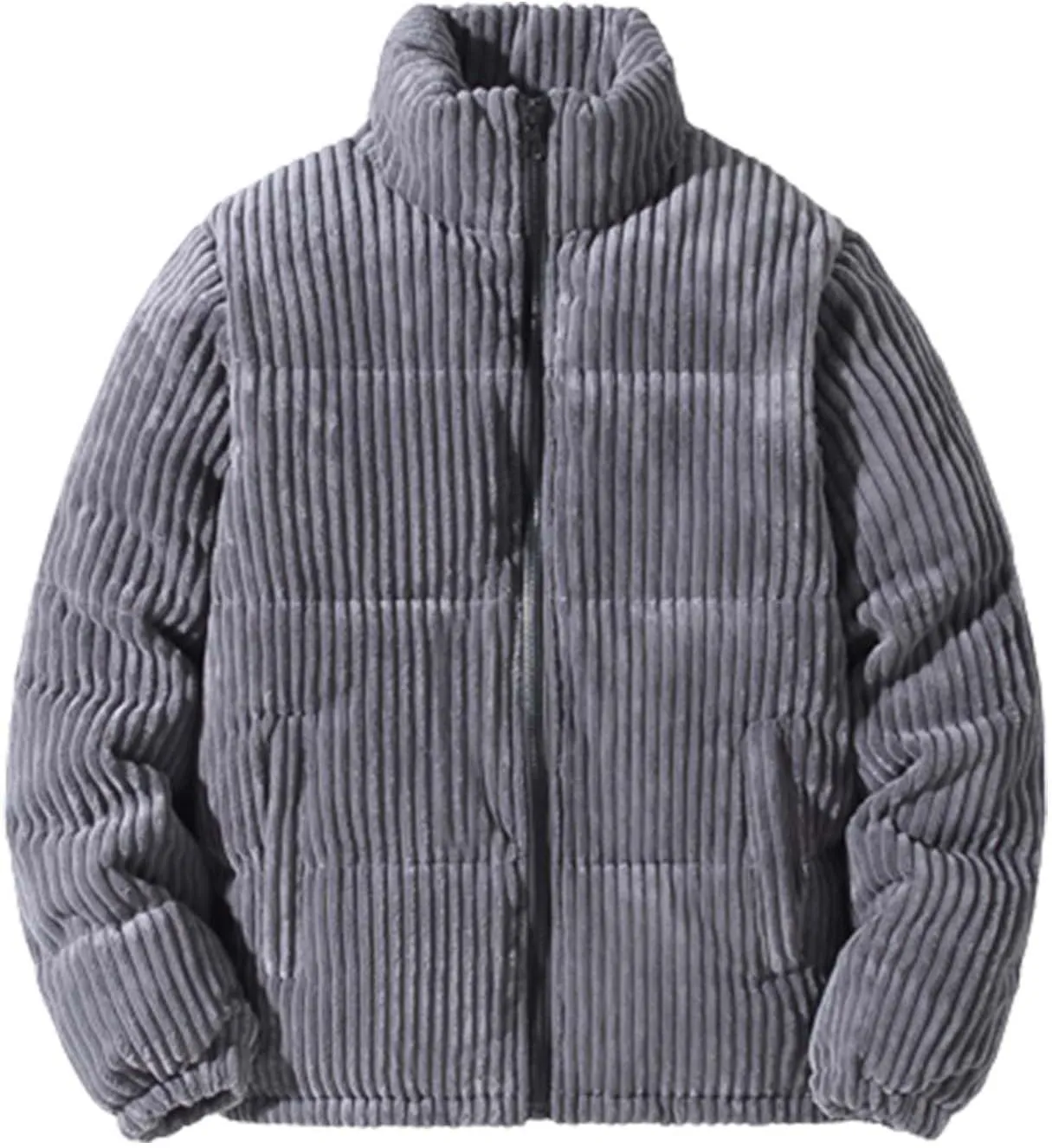 Verlas Mens Quilted Bubble Puffer Corduroy Jacket Mock Neck Zip Up Long Sleeve Winter Bomber Coat Fall Ribbed Tops Outerwear