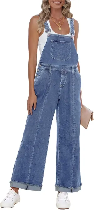Vetinee Womens Overalls Denim Loose Fit Wide Leg Bib Stretch Baggy Jeans Jumpsuit Y2K Comfy