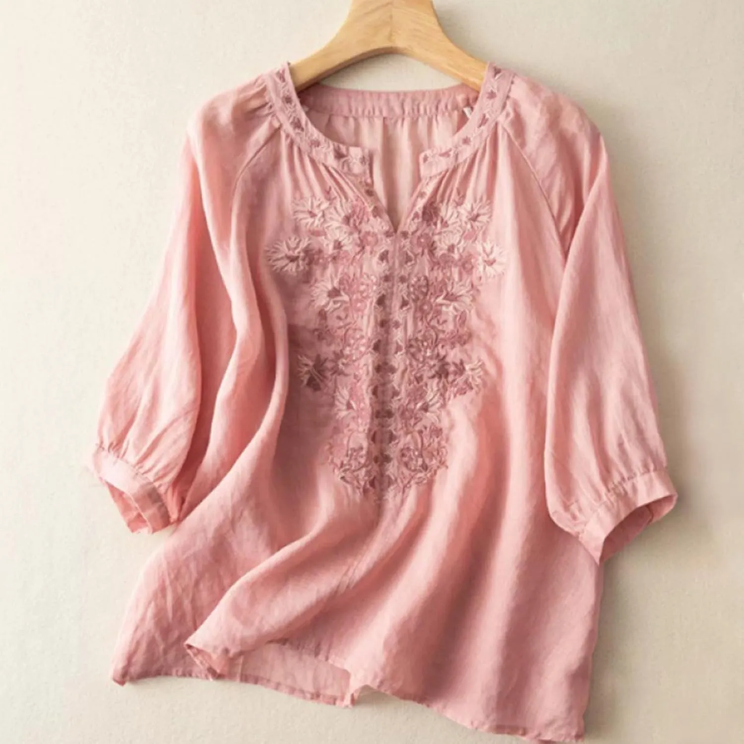 Vintage Floral Embroidery Cotton Linen Tops Women Short Sleeve Casual Loose Retro Summer V Neck Blouses
