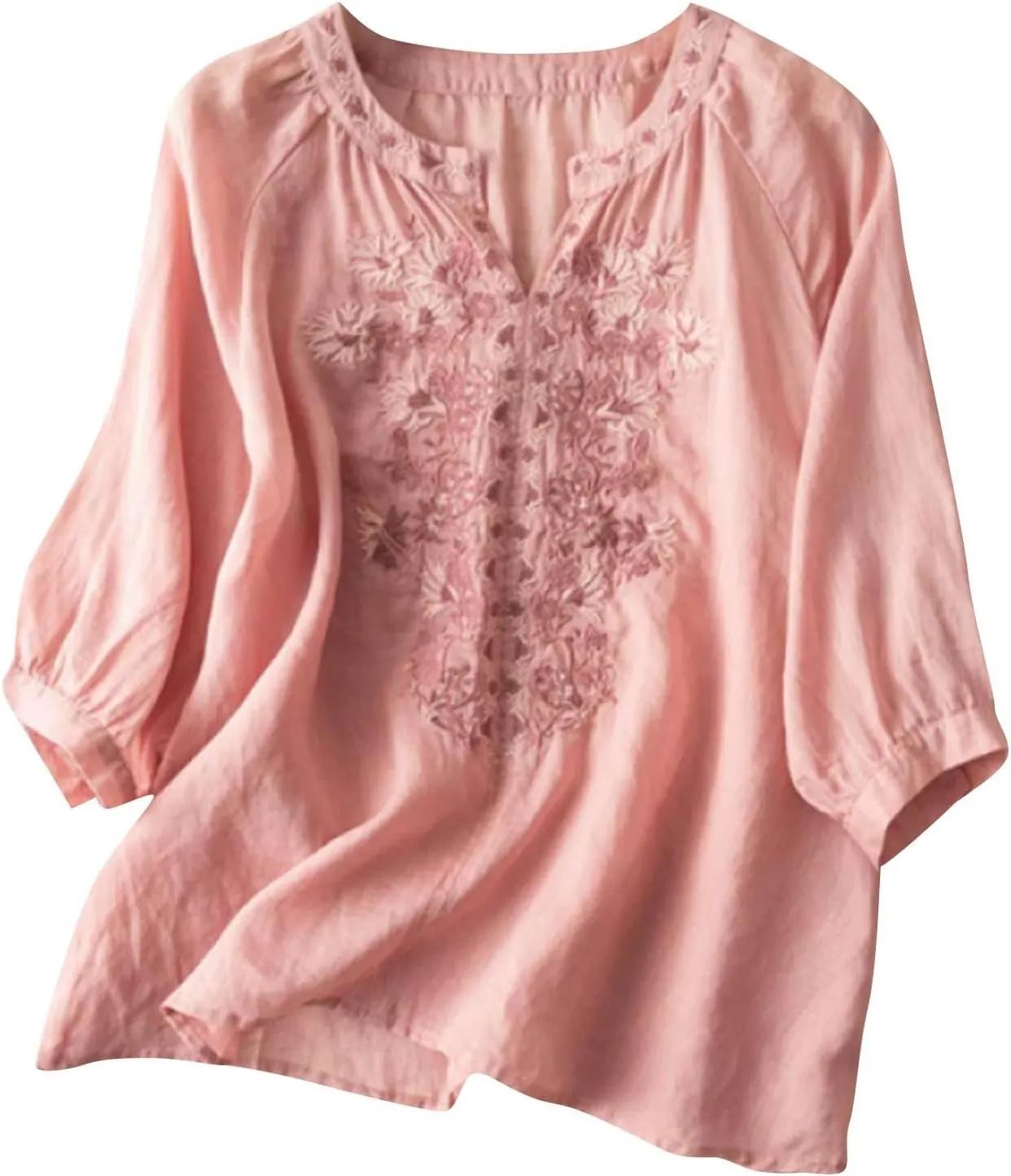 Vintage Floral Embroidery Cotton Linen Tops Women Short Sleeve Casual Loose Retro Summer V Neck Blouses